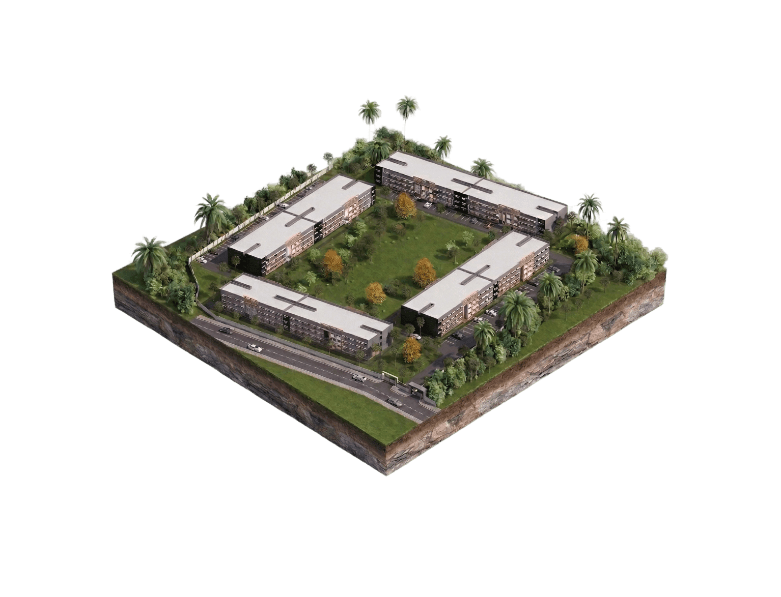 Lakefront Wellness Platform Hotel 3D Isometric View