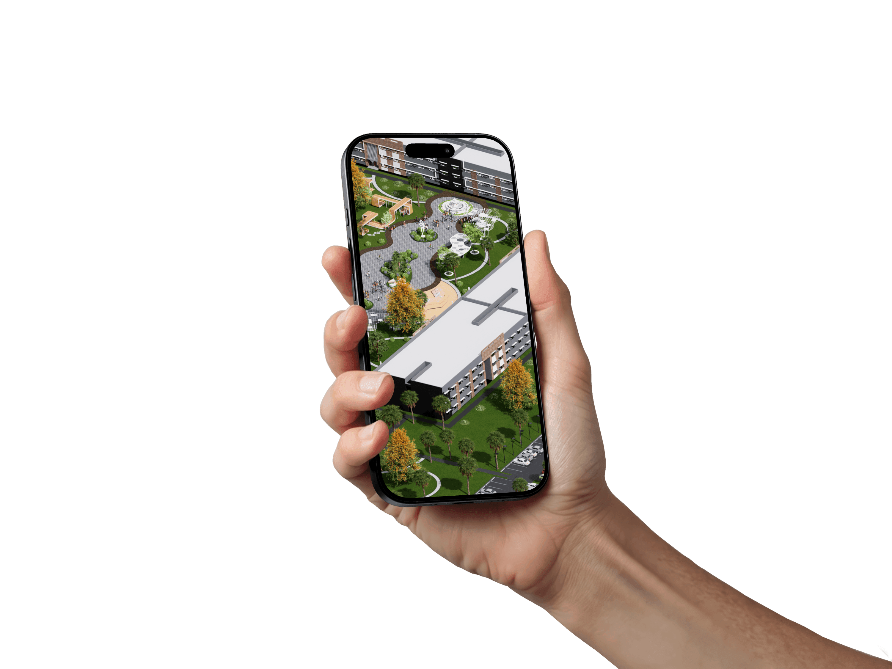 Hand holding iPhone showcasing Lakefront Wellness Hotel concept